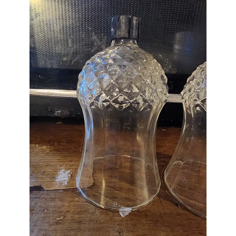Vintage Set Of 2 Diamond Cut Clear Glass Tall Tulip Pegged Candle Holders